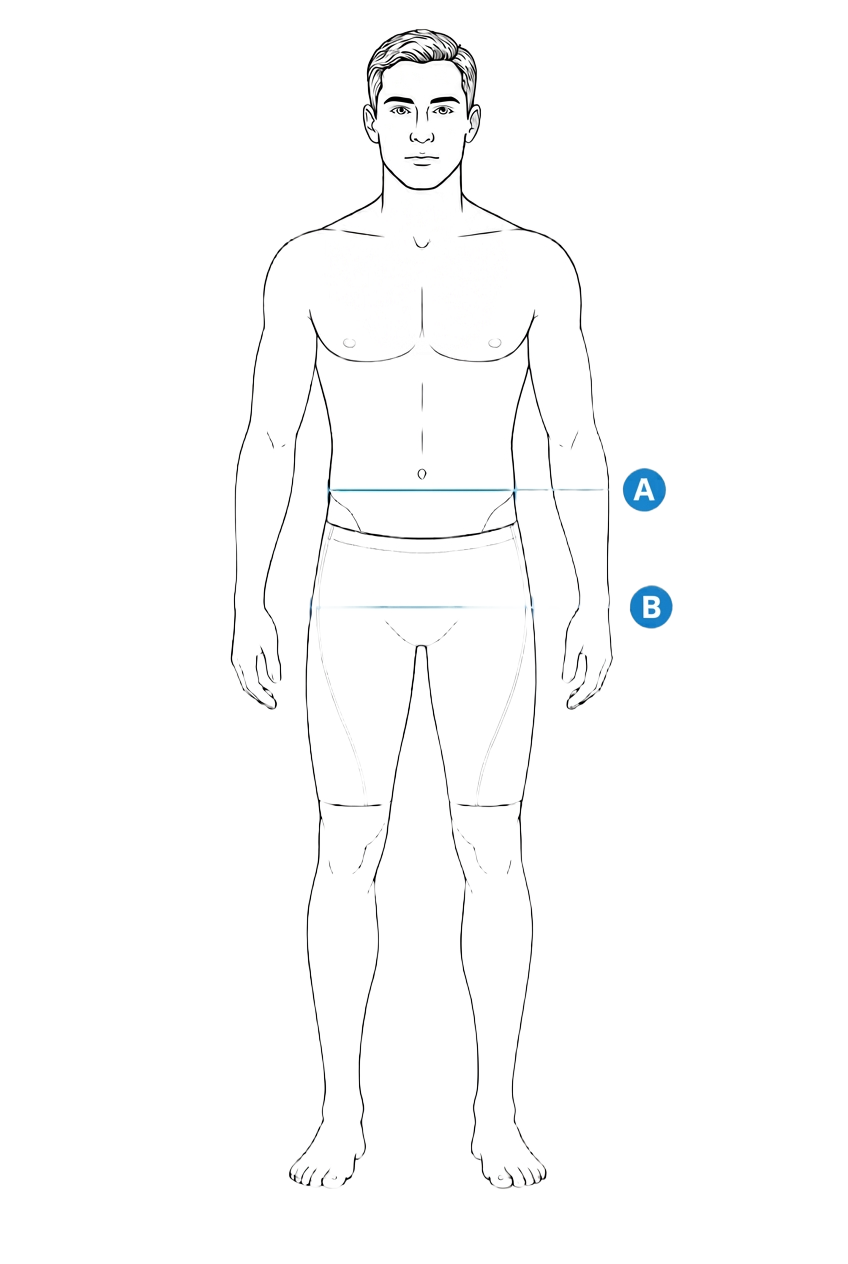 Measurement diagram showing A waist and B hips